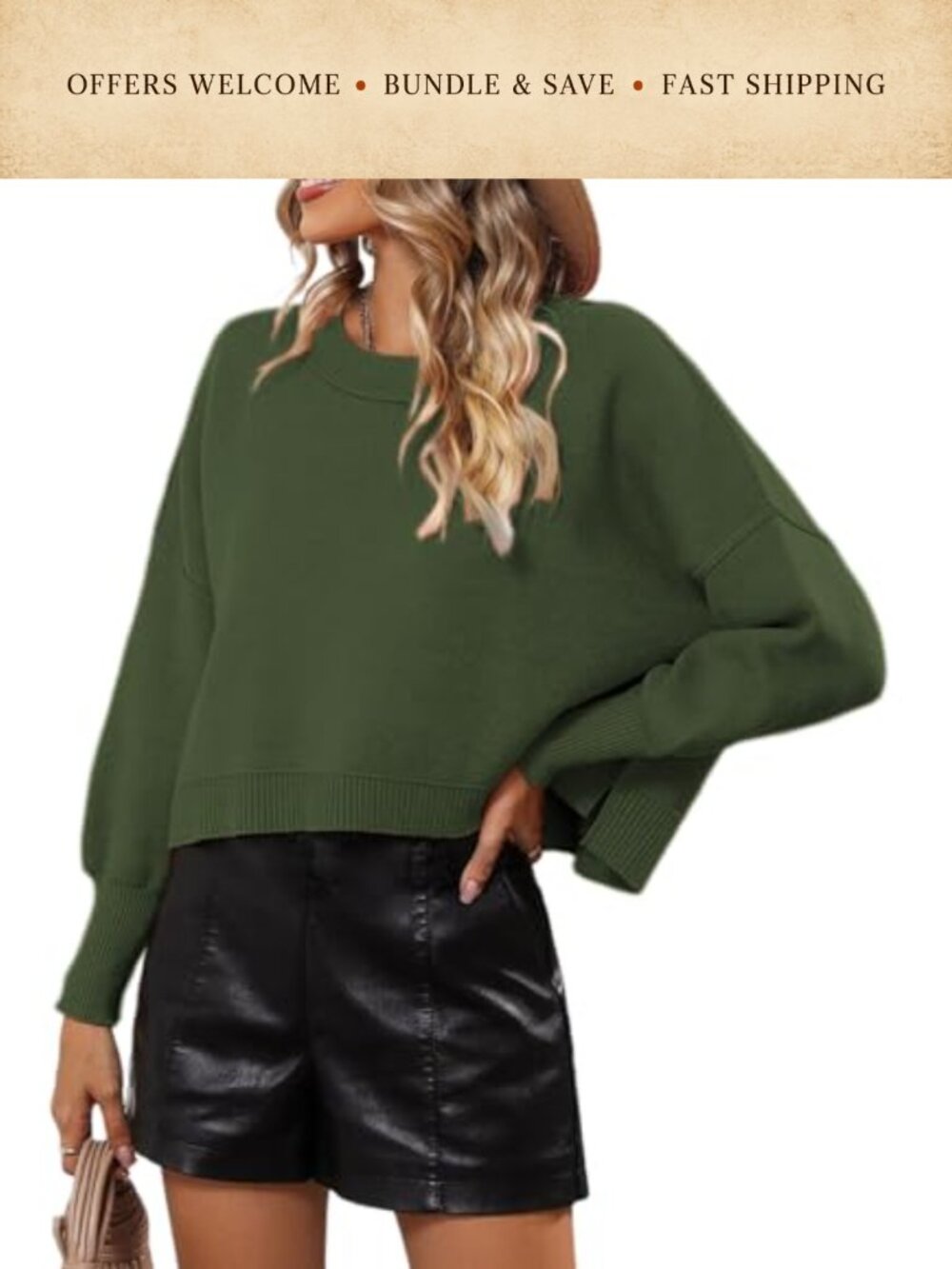 Womens Cropped Crewneck Knit Pullover Sweater Long Sleeve Loose Fit Casual